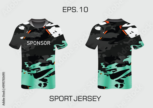 Sublimation Sport Jersey Template with Modern Black and Mint Green Camouflage Pattern.