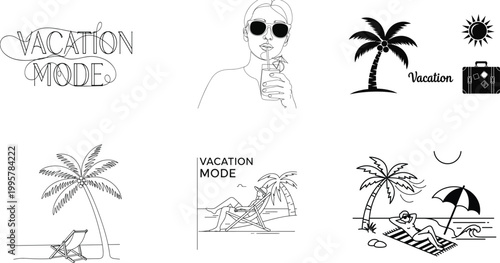 A collection of hand drawn vacation themed doodles including palm trees sunglasses and beach accessories