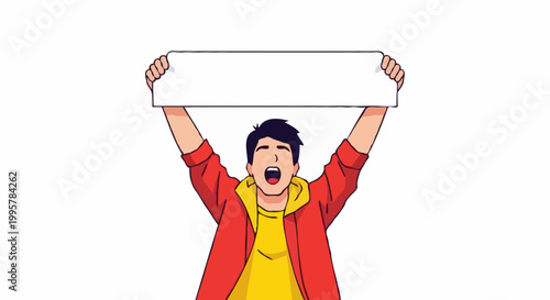 A person holding a blank banner with an open mouth in a cartoon style, expressing excitement