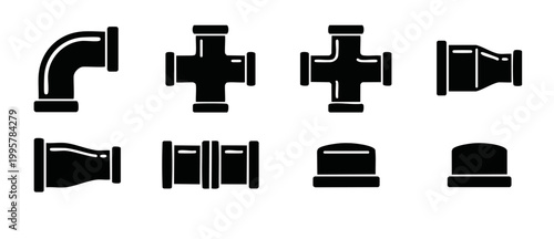 Pipe fittings icons set, industrial plumbing connector parts, vector black silhouette collection for hydraulic systems, water supply infrastructure elements, construction site hardware components isol