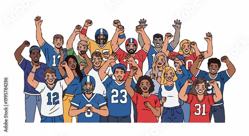 Excited sports fans cheering on their favorite team during a game. The diverse crowd is dressed in team colors, waving and showing their support