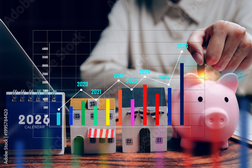 real estate investment, miniature houses with financial growth chart and piggy bank, property value and long term investment concept