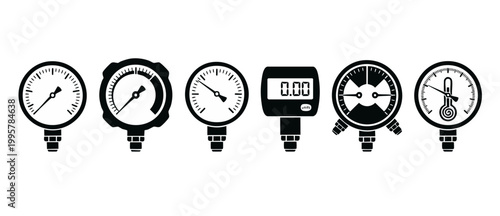 Pressure Gauge Icon Set Collection, Industrial Measuring Instruments for Hydraulic and Pneumatic Systems, Digital and Analog Measurement Tools, Vector Flat Style Symbols for Engineering and Technology