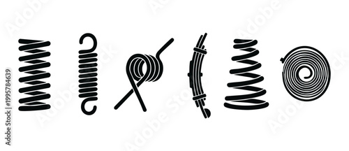 Metal Spring Types Set, Mechanical Coil Icons for Industrial Design, Engineering Components Collection, Suspension Tension Flex Symbols in Black Flat Vector Style on White Background for Technical Pro