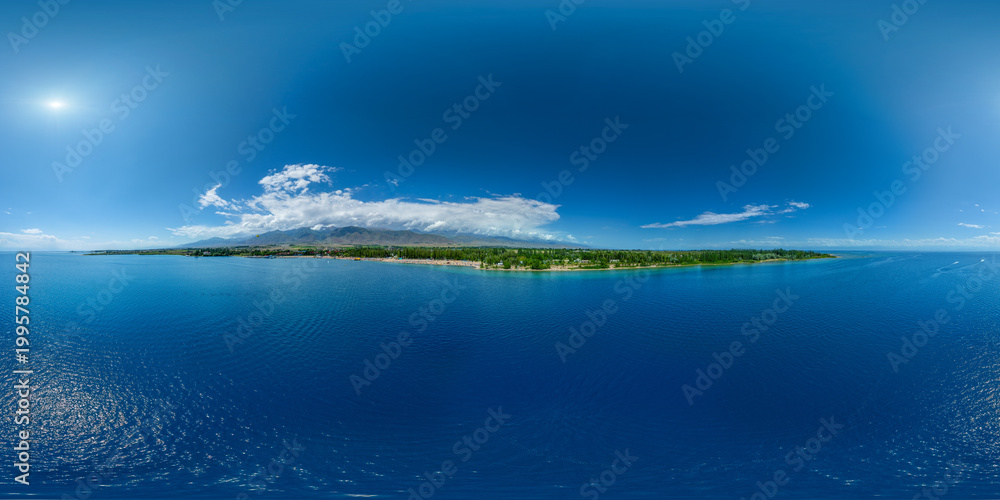 Naklejka premium Aerial 360 degrees view of Issyk-Kul lake coastline with boats and calm water