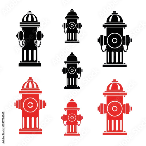 Fire Hydrant Icons Set: Red and Black Silhouettes, Vector Graphics