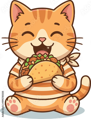 Kawaii Ginger Cat Eating Taco Sticker, Cute Orange Tabby Kitten Enjoying Mexican Food Illustration, Isolated Cartoon Animal Character
