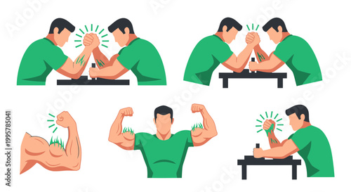 Arm Wrestling Competition and Muscular Arms Vector Illustrations