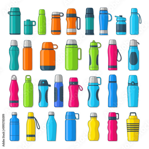 Collection of Colorful Thermos Flasks and Water Bottles, Outdoor Gear