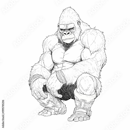 Gorilla wearing futuristic armor sits in a crouched position in this detailed black and white digital illustration which includes significant copy space.