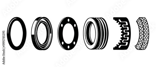 Industrial Mechanical Seals and Gasket Set, Engineering Components Icon Collection for Manufacturing, Automotive Spare Parts and Rubber Rings Technical Schematics for Heavy Machinery Repair and Mainte