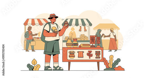 Man examining handmade crafts at an outdoor market stall.