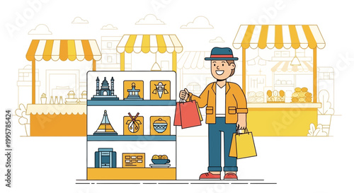 Man happily shopping at a market stall.