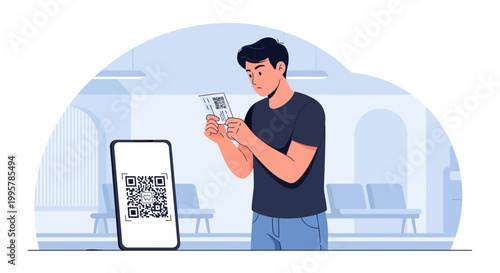 Man holding ticket and smartphone with QR code.