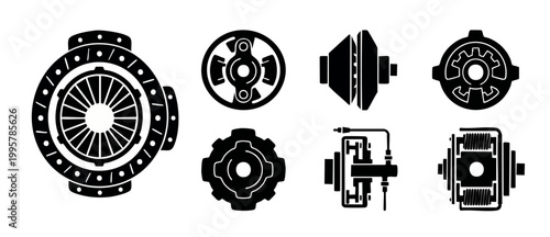 Car Clutch Parts Icons Set, Automotive Transmission System Components, Mechanical Gearbox Elements, Industrial Engineering Hardware, Black Silhouette Vector Collection for Vehicle Maintenance and Repa