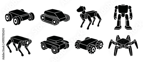 Robot icons set, autonomous machinery and robotic machines, vector black silhouettes collection of cybernetic equipment, drones, walking dogs, industrial crawlers, wheeled transporters, engineering co