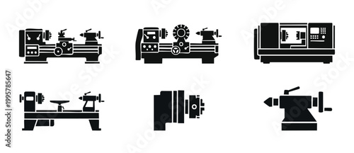 Lathe Machine Icons Set - Metalworking and Industrial Turning Tools for Manufacturing, CNC Precision Engineering, and Workshop Equipment Silhouettes for Mechanical Fabrication and Heavy Machinery Desi