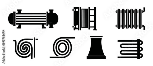 Industrial Heat Exchanger Icons Set for Engineering and HVAC Systems Black Vector Symbols for Cooling Heating Energy Efficiency Process Control Components Thermal Exchange Equipment Schematic Design