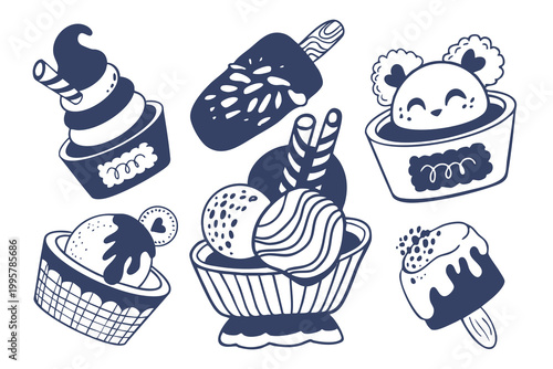 Creative collage of different ice cream shapes: roses, bears, and swirled cones. Mediterranean style line art.