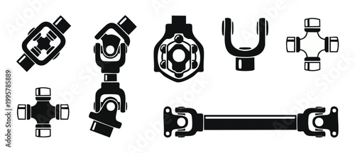 Universal Joint Car Drive Shaft Parts Set - Mechanical Drivetrain Components Vector Icon Collection for Automotive Engineering, Industrial Machine Transmission, Vehicle Repair, and Gear System Mainten