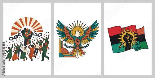 Juneteenth Freedom Day Art, African American Liberation Poster Set, Broken Chains & Fist Sunburst Decor, Set of 3 Digital Prints