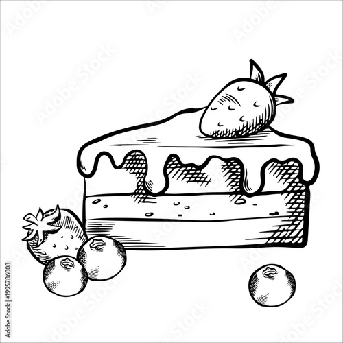 Composition with vector sweets, cake with berries. Cake, berries, strawberries, blackberries for menus, decor, elements