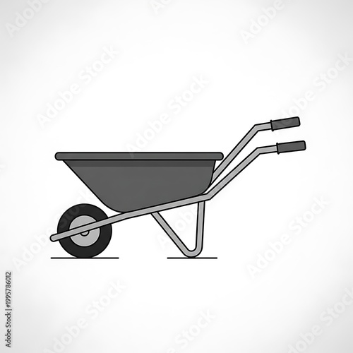 Gray wheelbarrow with black handles on white background