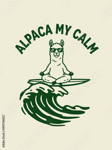 Alpaca wearing sunglasses on surfboard.