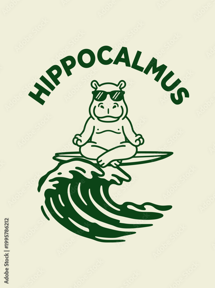 Fototapeta premium Hippopotamus meditates on surfboard calmly.