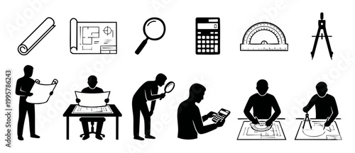 Architectural Design and Engineering Process Icons Set for Construction Planning and Drafting. Black silhouette vector collection of building blueprints, calculation tools, and technical drawing activ