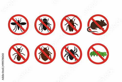 Pest control symbols: no insects, rodents, bugs, and spiders icon set