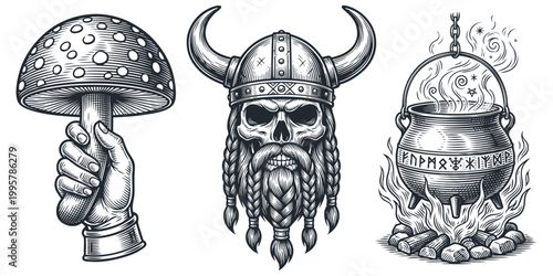 A vector set of Norse mythology icons in a classic engraving style. Includes a Viking skull, a magic cauldron with runes, and a hand with a fly agaric mushroom.