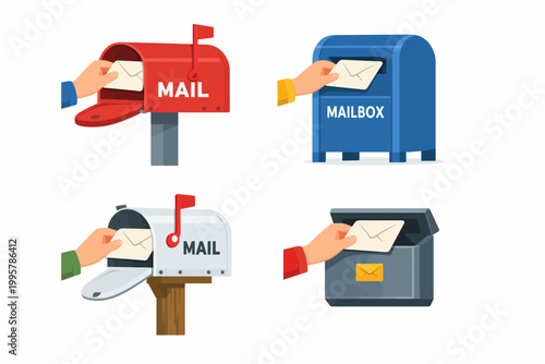 Diverse mailbox designs featuring hands receiving mail envelopes