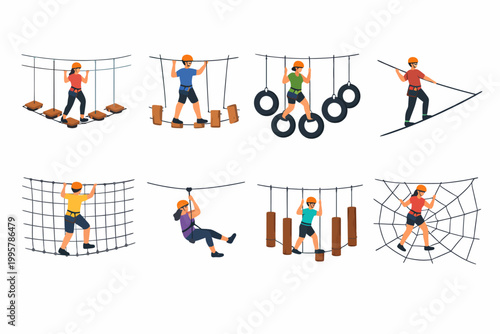 Caucasian adults navigating rope course obstacles with helmets