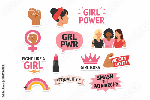 Empowering feminist stickers with diverse women and motivational slogans