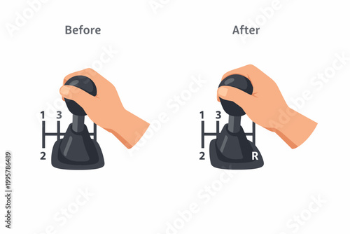 Hand shifting gears in manual transmission: before and after gear change illustration