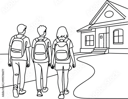 Group of students walking towards school building black and white illustration