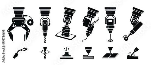Industrial Robotic Arm Tools Set, Manufacturing Factory Equipment Icons, CNC Automation Technology Components for Metalwork and Machining Processes, Vector Collection of Modern Precision Engineering T