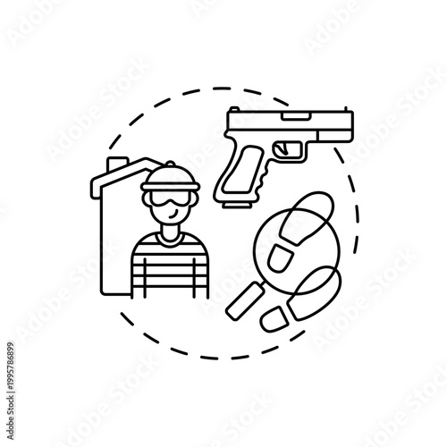 Gun theft and crimes red gradient concept icon. Firearm robbery. Assault with weapon. Criminal record. Gun violence idea thin line illustration. Vector isolated outline RGB color drawing