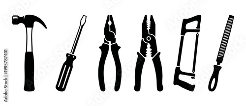 Construction Tools Set Icons - Hammer, Screwdriver, Pliers, Saw and File Silhouette Collection for Home Improvement, DIY Renovation, Maintenance Projects, Building Hardware and Professional Workshop R