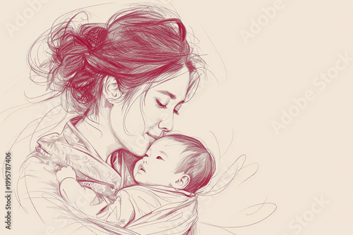 Mother holding newborn baby in continuous line art style motherhood concept