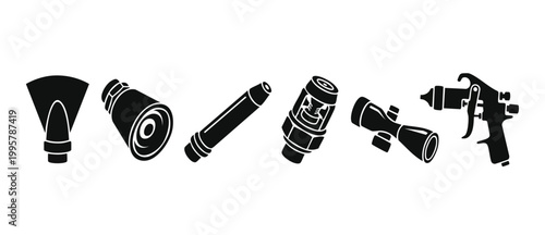 Spray Nozzle Icons Set, Industrial Equipment Parts and Professional Painting Tools Collection for Manufacturing, Hardware, Construction and Maintenance Vector Design Elements Isolated on White Backgro