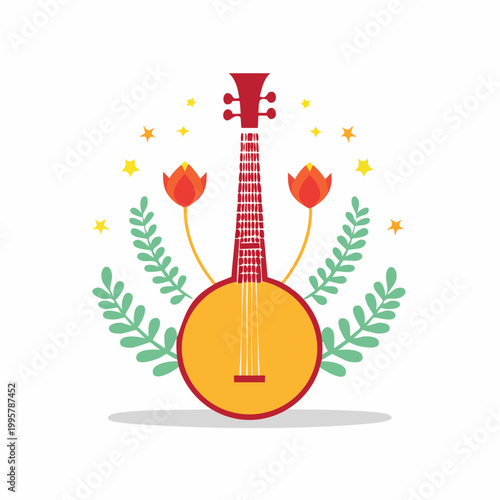 Stylized Banjo with Flowers and Stars