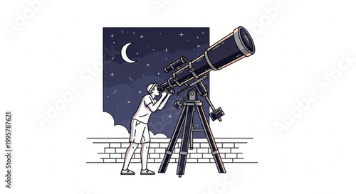 Person looking at the night sky through a telescope with telescope observing astronomy universe exploration discovery learning education outdoors nighttime celestial stargazing watching