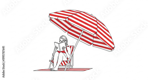 Woman reading a book under a beach umbrella with umbrella relaxation vacation enjoyment peaceful sunglasses swimsuit illustration minimalist isolated