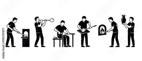 Glassblowing Process Steps Icon Set, Professional Artisan Crafting Handmade Glassware Objects, Manual Glass Blower Working with Furnace and Tools for Interior Decoration and Decorative Art Studio Proj