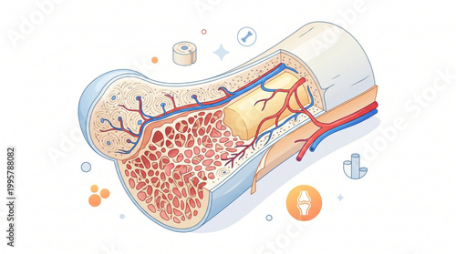 Cross Section Anatomy of Human Bone Structure with Bone Marrow and Blood Vessels Vector Illustration
Keywords (3D isometric) 