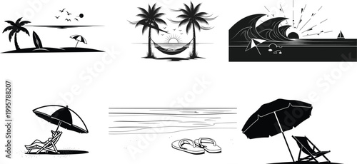 Serene tropical escape a collection of beach elements depicting relaxation and island life in black and white