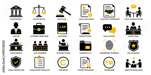 Black and yellow legal services icon set with law, justice and business regulation symbols, Concept of legal system, compliance and professional services