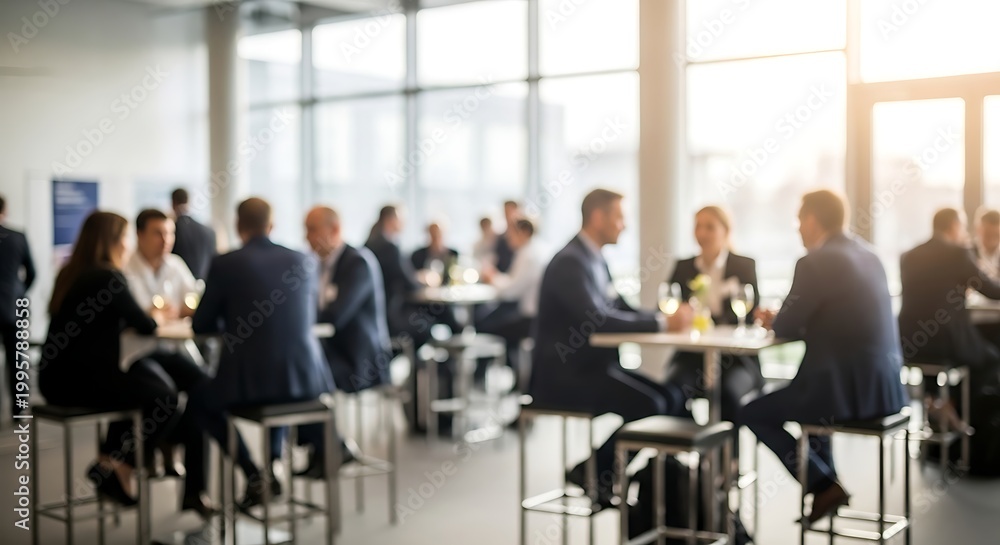Fototapeta premium Corporate event networking background featuring blurred professionals in a modern reception hall with soft lighting and glass architecture ideal for business presentation design or marketing visuals